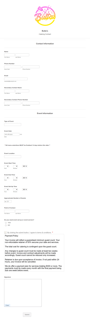 Butta's Catering Contract Form Template