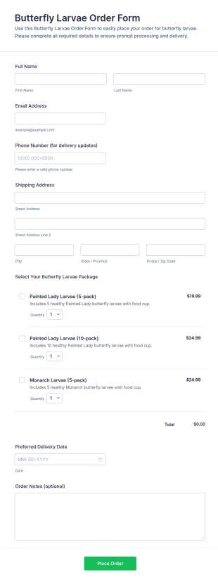 Butterfly Larvae Order Form Template