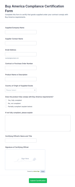 Buy America Compliance Certification Form Template
