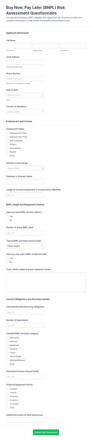 Buy Now, Pay Later (BNPL) Risk Assessment Questionnaire Form Template