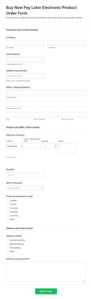 Buy Now Pay Later Electronic Product Order Form Template