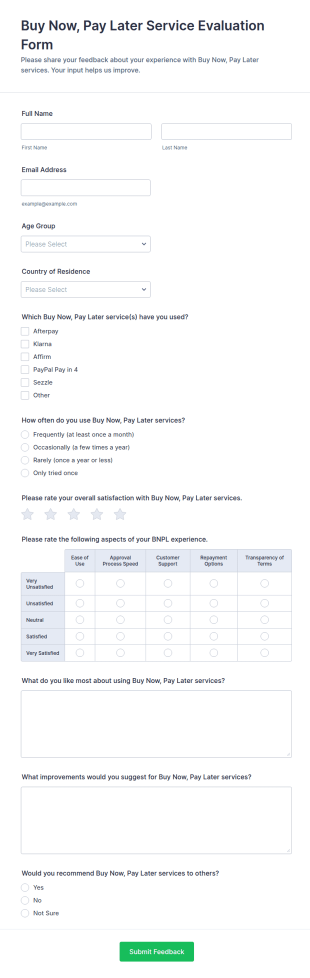 Buy Now, Pay Later Service Evaluation Form Template