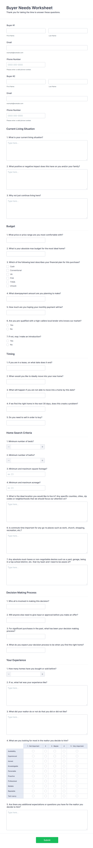 Buyer Needs Worksheet Form Template