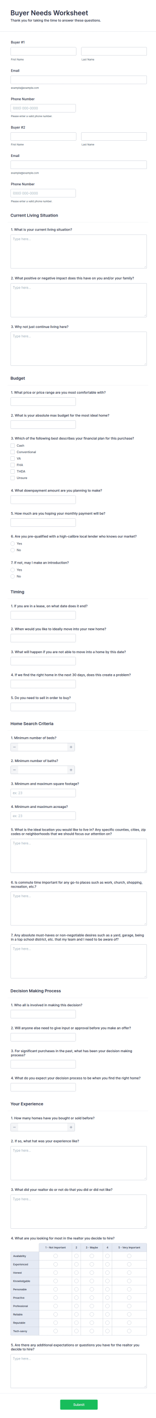 Buyer Needs Worksheet Form Template
