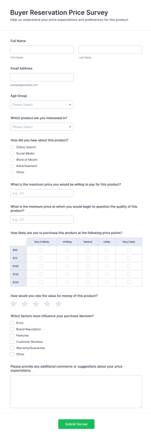 Buyer Reservation Price Survey Form Template