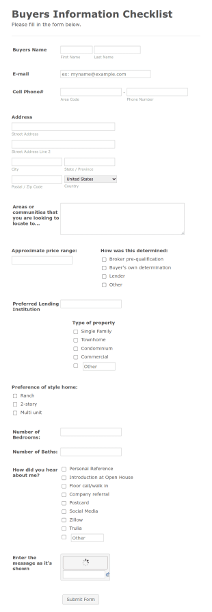 House Buyers Information Checklist Form Template