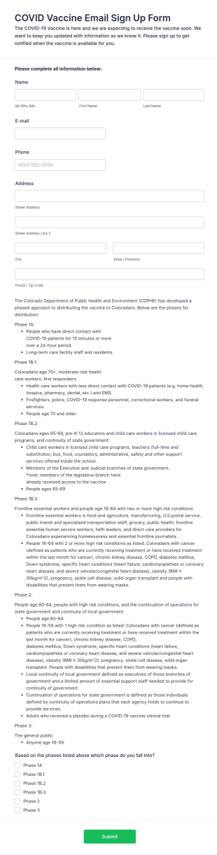 BVD COVID Email Signup Form Template