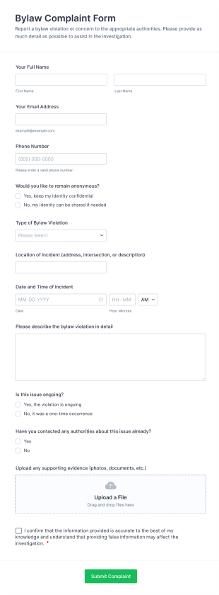 Bylaw Complaint Form Template
