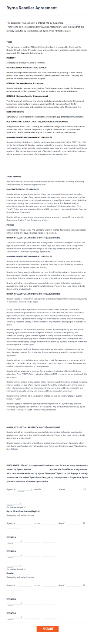 Byrna Reseller Agreement Form Template