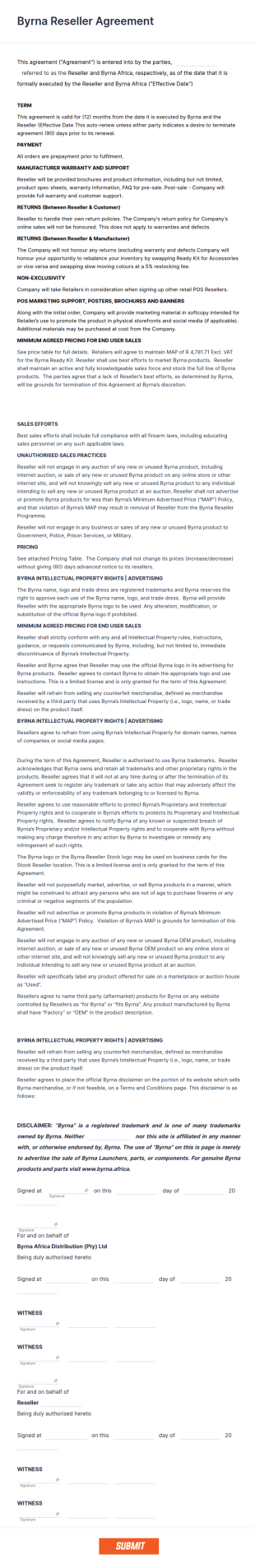 Byrna Reseller Agreement Form Template