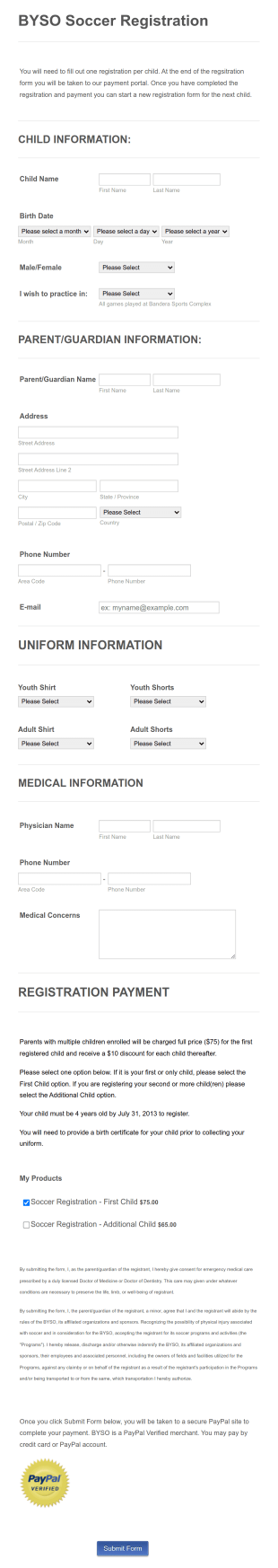 Soccer Registration Form Template