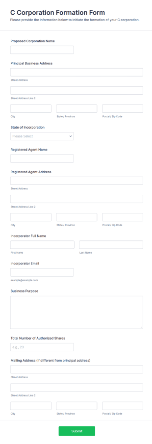 C Corporation Formation Form Template