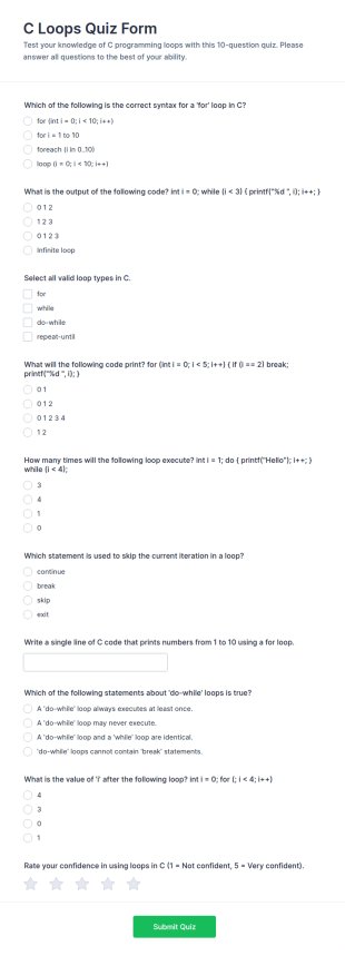 C Loops Quiz Form Template