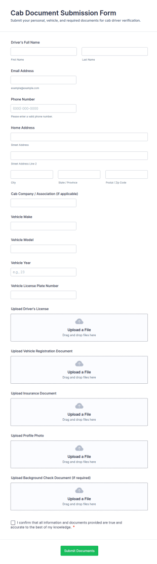 Cab Document Submission Form Template