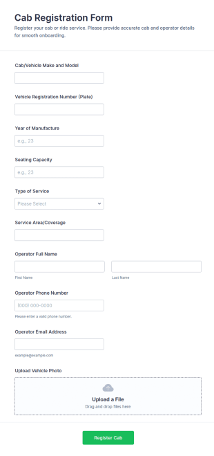 Cab Registration Form Template