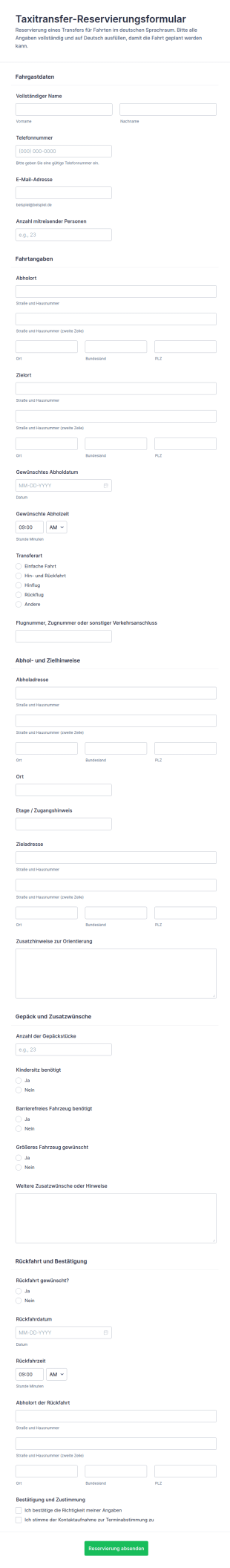 CAB Transfer Reservierungsformular