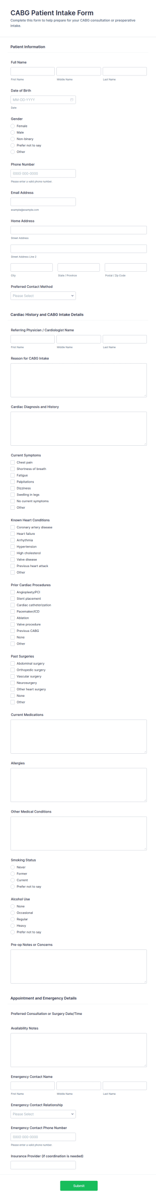 CABG Patient Intake Form Template
