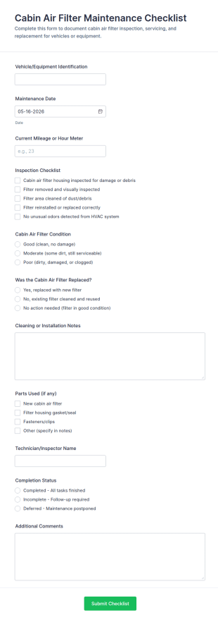 Cabin Air Filter Maintenance Checklist Form Template