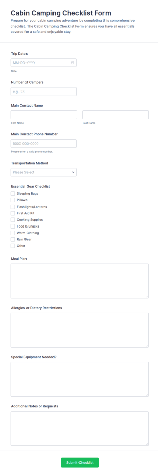 Cabin Camping Checklist Form Template