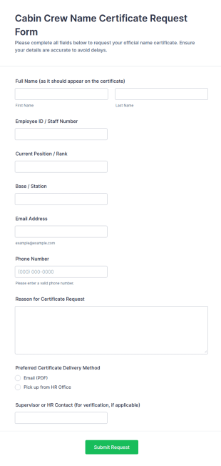 Cabin Crew Name Certificate Request Form Template