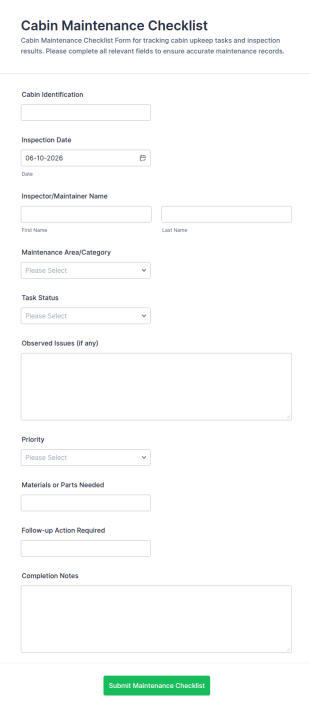 Cabin Maintenance Checklist Form Template