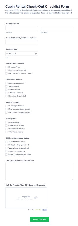 Cabin Rental Check Out Checklist Form Template