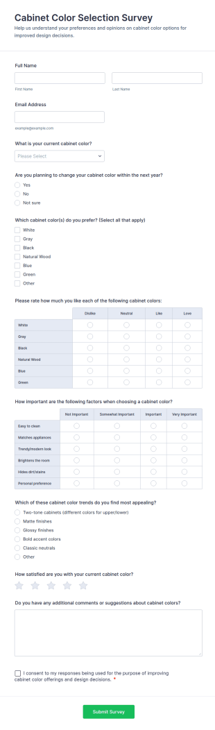 Cabinet Color Selection Survey Form Template