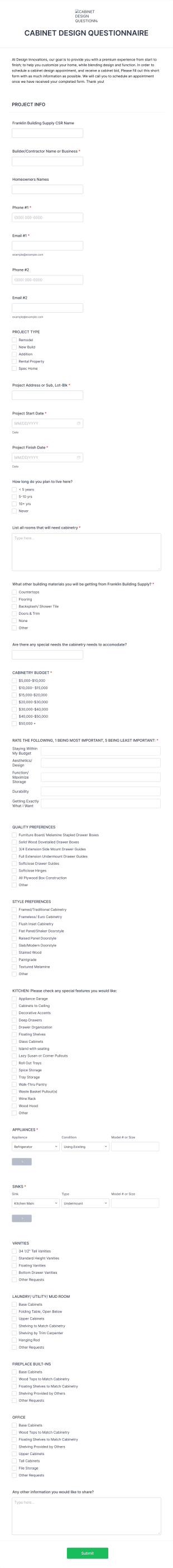 Cabinet Design Questionnaire Form Template