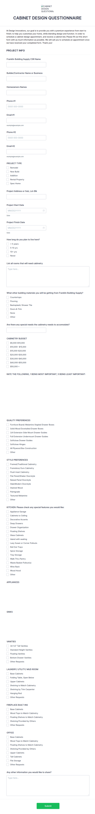 Cabinet Design Questionnaire Form Template
