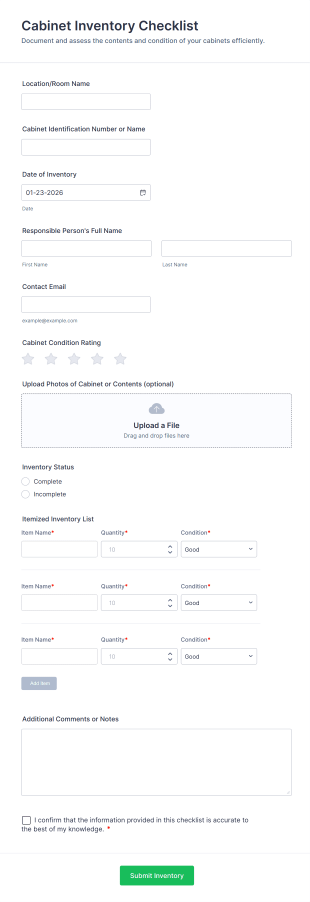 Cabinet Inventory Checklist Form Template