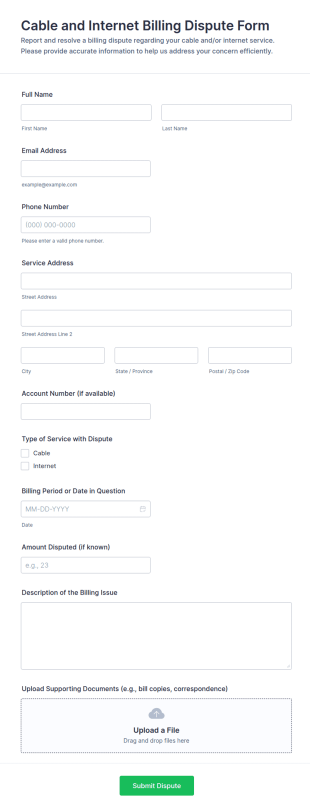 Cable And Internet Billing Dispute Form Template