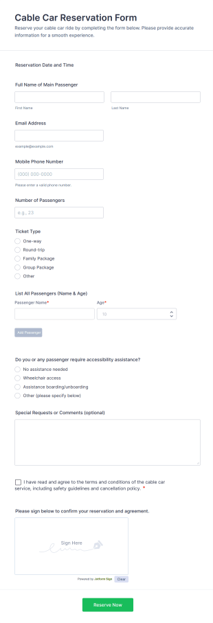 Cable Car Reservation Form Template