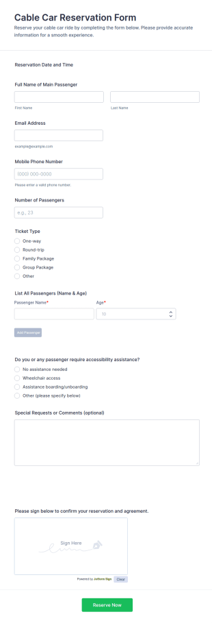 Cable Car Reservation Form Template