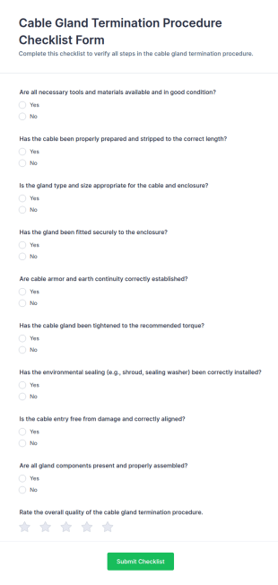 Cable Gland Termination Procedure Checklist Form Template