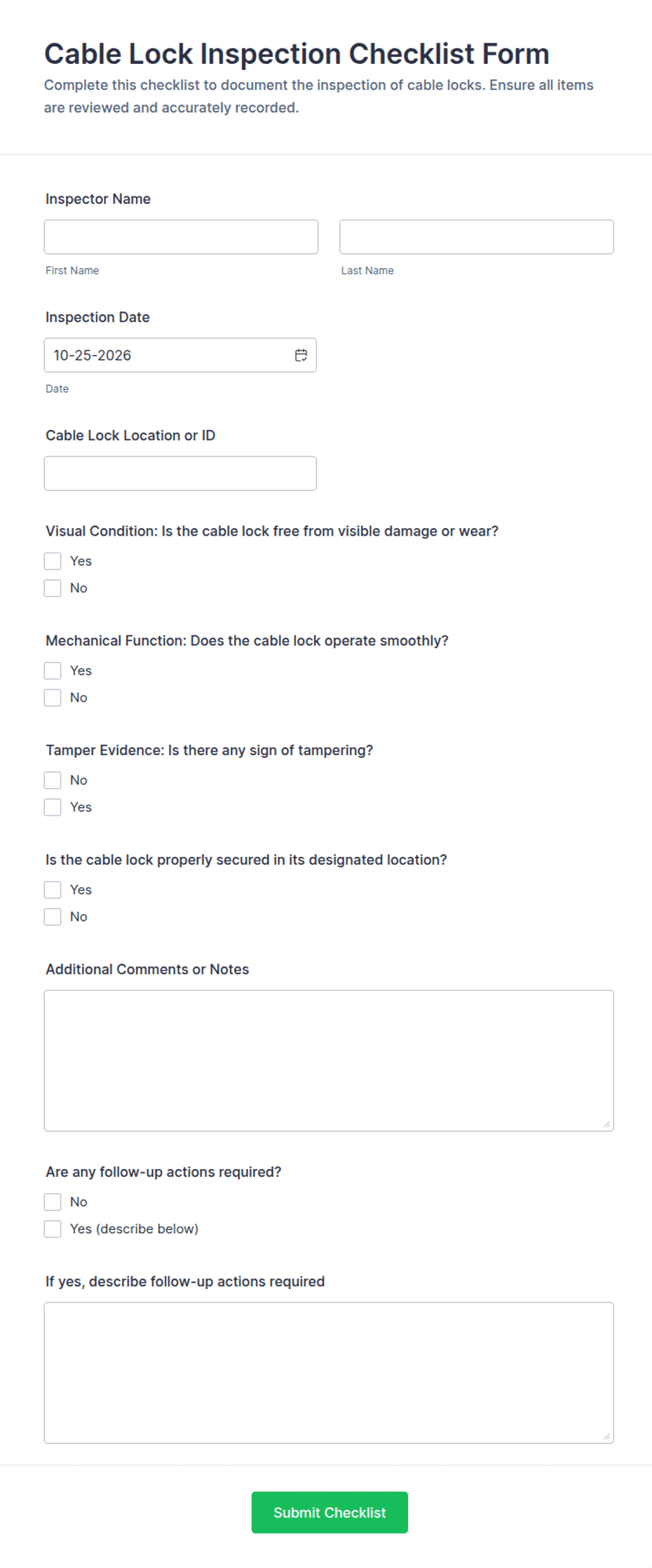 Cable Lock Inspection Checklist Form Template | Jotform