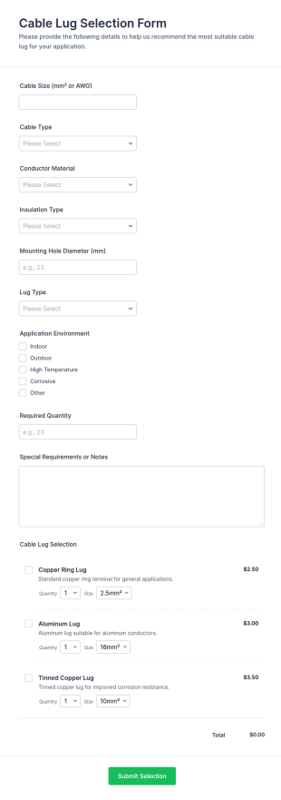 Cable Lug Selection Form Template