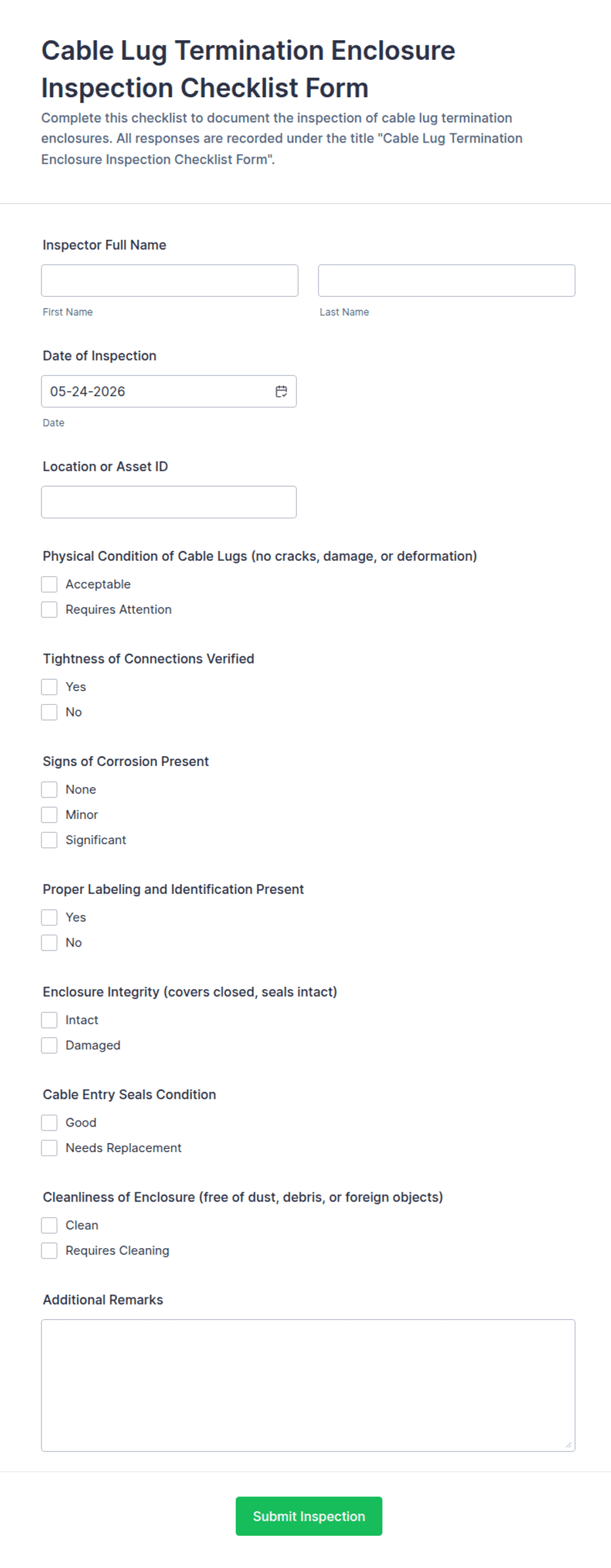 Cable Lug Termination Enclosure Inspection Checklist Form Template ...