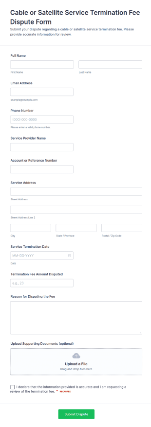 Cable Or Satellite Service Termination Fee Dispute Form Template