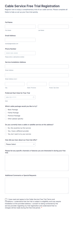 Cable Service Free Trial Registration Form Template