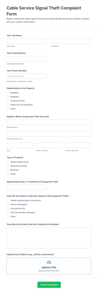 Cable Service Signal Theft Complaint Form Template
