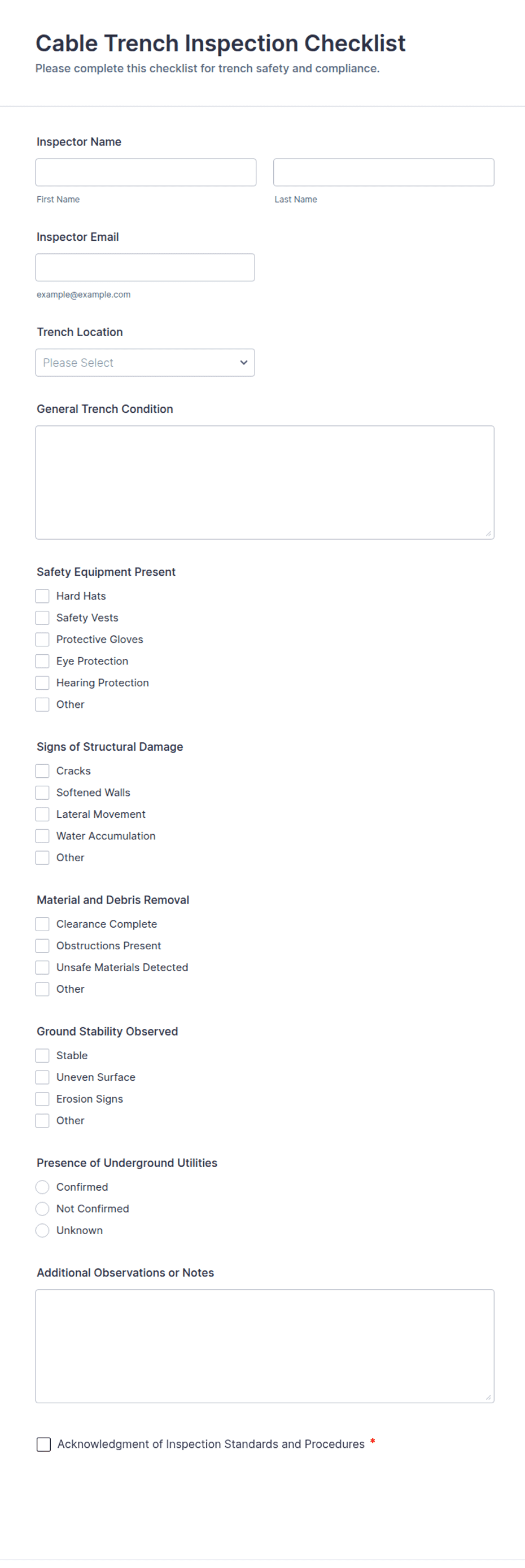 Cable Trench Inspection Checklist Form Template | Jotform