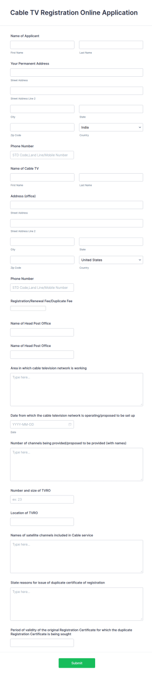 Cable TV Registration Online Application Form Template