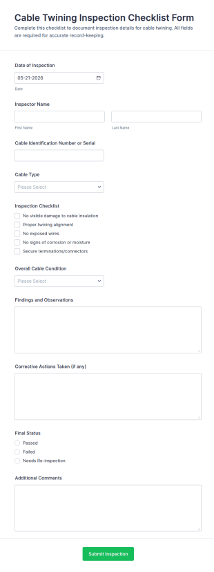 Cable Twining Inspection Checklist Form Template