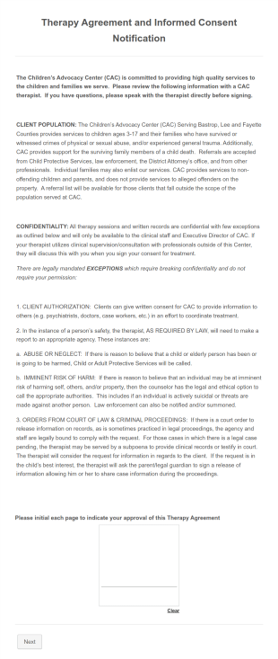 CAC Therapy Agreement And Additional Consent Form Template