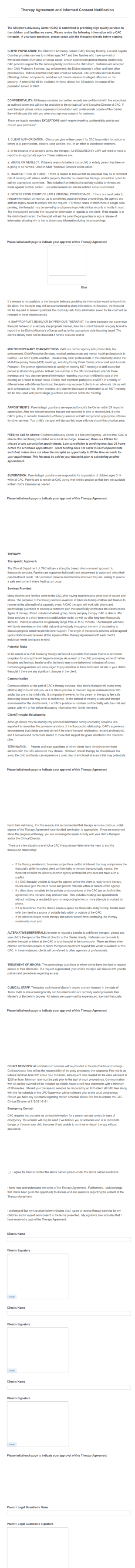CAC Therapy Agreement And Additional Consent Form Template