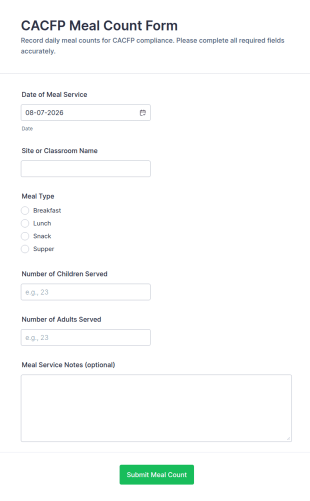 CACFP Meal Count Form Template