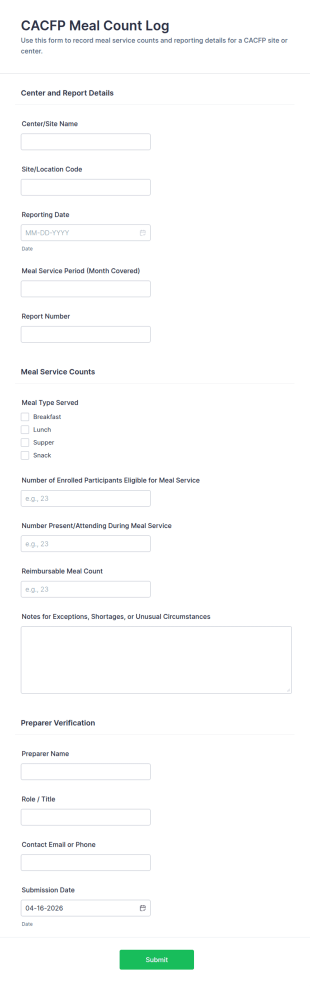 CACFP Meal Count Log Form Template