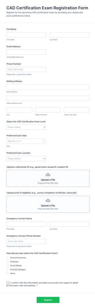 CAD Certification Exam Registration Form Template