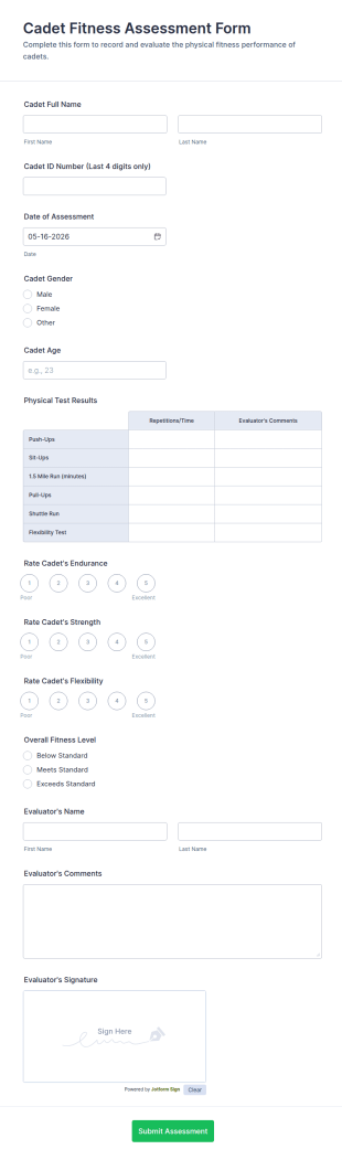 Cadet Fitness Assessment Form Template