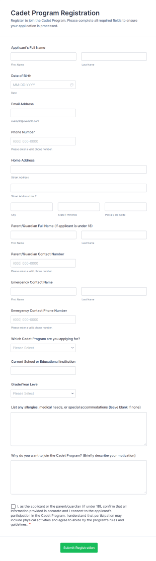 Cadet Program Registration Form Template